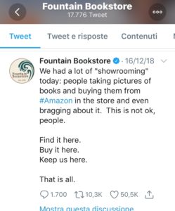 il tweet scritto dalla libreria per i clienti contro lo showrooming