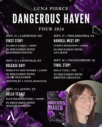 Locandina del Dangerous Haven Book Tour di Luna Pierce dal 21 al 26 settembre 2026