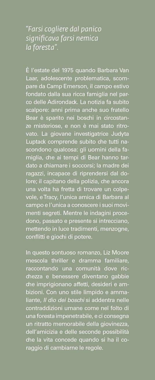 Il dio dei boschi di Liz Moore, retro della copertina italiana